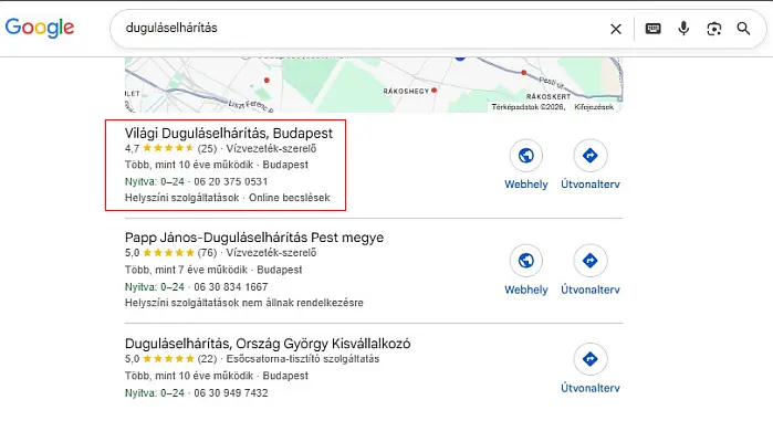 Helyi találatok a keresőmezőben (SERP-ben)
