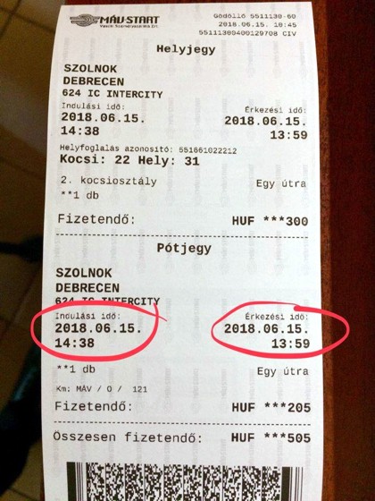 MÁV-jegy, amelyen az érkezési idő megelőzi az indulási időt