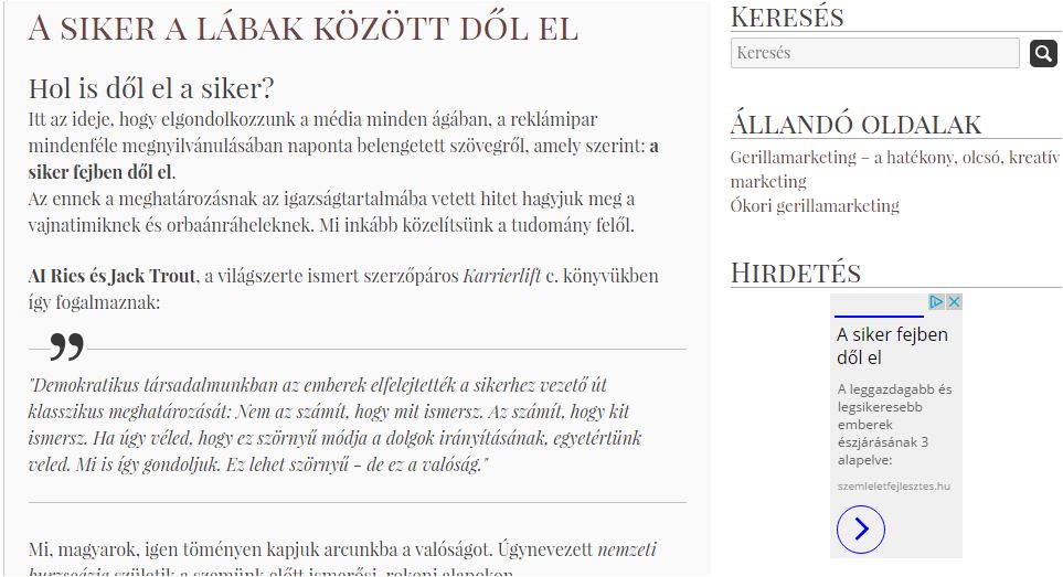 A siker a lábak között dől el – szerkesztett oldal és mellette megjelenő hirdetés