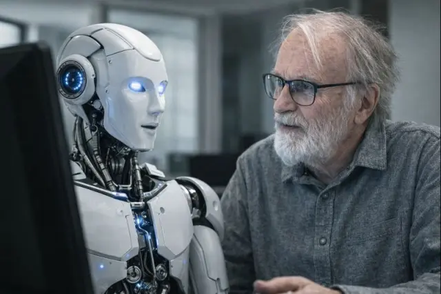 Idős férfi beszélget egy humanoid robottal – az ember és mesterséges intelligencia párbeszédének szimbóluma.